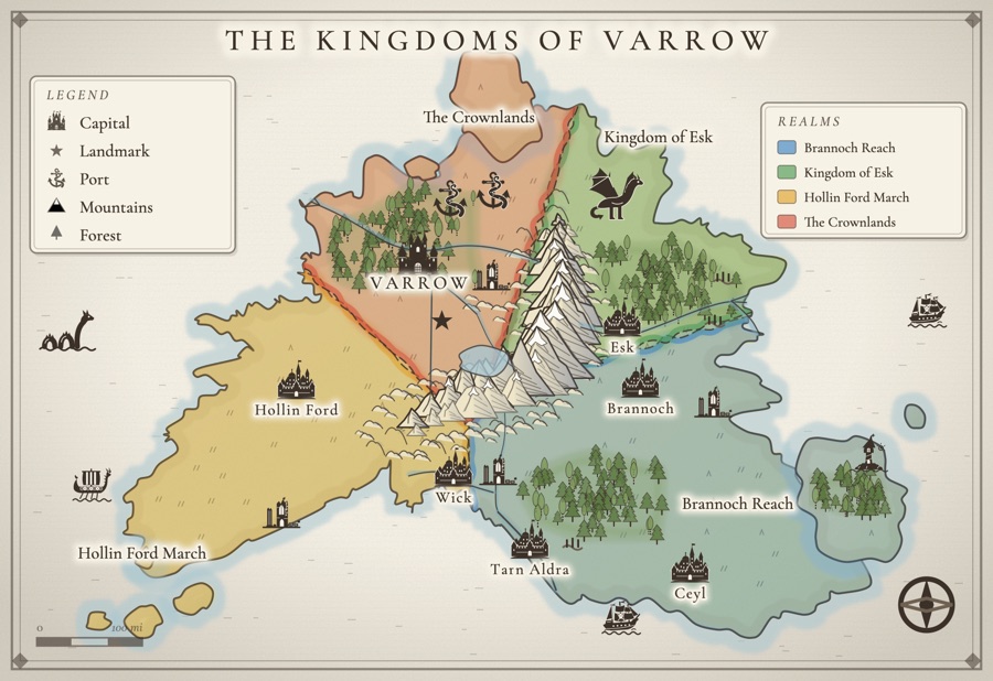 The Kingdoms of Varrow: a colorful fantasy map with four realms, castles, a dragon and a sea serpent, made in Inkling